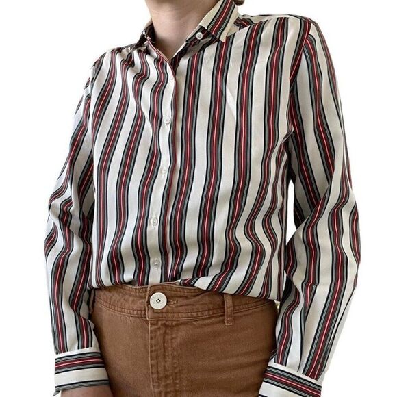 Vintage 1970s Womens Striped Collared Preppy Long Sleeve Retro Blouse Sz M - Picture 5 of 9